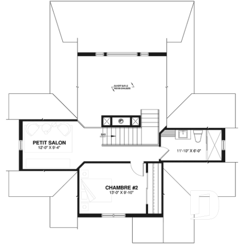 Étage - Plan de chalet, 2 chambres + loft, grand balcon couvert, plancher à aire ouverte, mezzanine, foyer - Longchamp