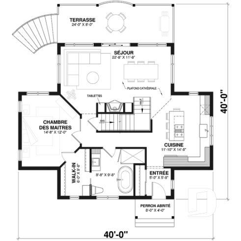Rez-de-chaussée - Plan de chalet, 2 chambres + loft, grand balcon couvert, plancher à aire ouverte, mezzanine, foyer - Longchamp