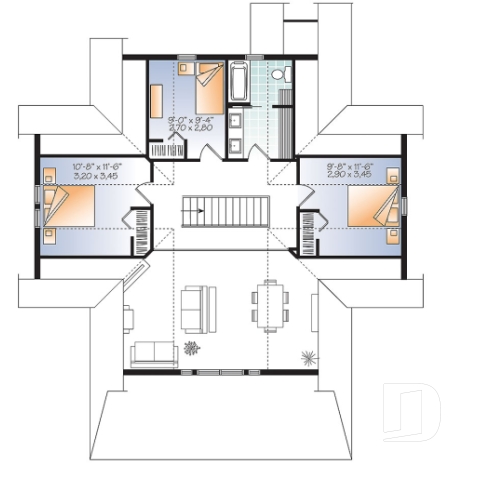 Étage - Plan de maison style chalet 4 chambres, mezzanine, bord de l'eau, chambre maîtres au rez-de-chaussé - Longchamp 6