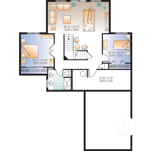 Sous-sol - Plan de chalet 1 à 3 chambres + salle de jeux, garage, grande cuisine, îlot, foyer, grande terrasse abritée  - Longchamp 5