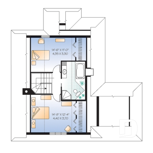 Étage - Plan de maison/chalet 2 grande chambres, abri moustiquaire, fenestration abondante, foyer à la salle de séjour - Madelaine 