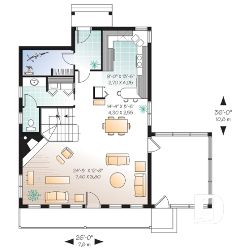 Rez-de-chaussée - Plan de maison/chalet 2 grande chambres, abri moustiquaire, fenestration abondante, foyer à la salle de séjour - Madelaine 