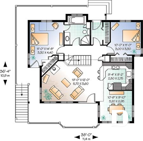 Rez-de-chaussée - Plan de maison genre chalet avec plafond cathédrale, suite des maîtres, grande terrasse, sous-sol à aménager - William