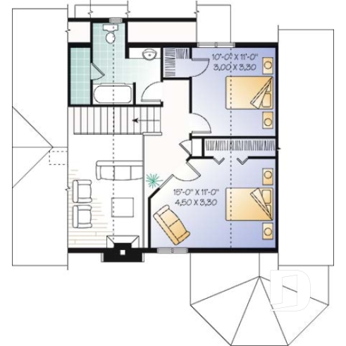 Étage - Plan de maison ou chalet, 3 chambres dont une au rez-de-chaussée, 2 s. bain, mezzanine, foyer, espace ouvert - Rosemont