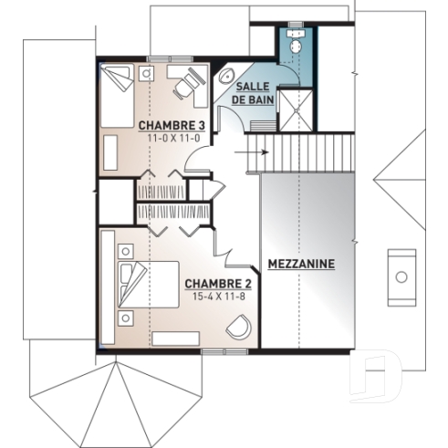 Étage - Plan de chalet 3 chambres, 2 salles de bain, mezzanine, foyer, aire ouverte, sous-sol rez-de-jardin non-fini - Rosemont 2