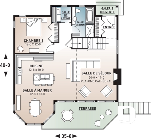 Rez-de-chaussée - Plan de chalet 3 chambres, 2 salles de bain, mezzanine, foyer, aire ouverte, sous-sol rez-de-jardin non-fini - Rosemont 2