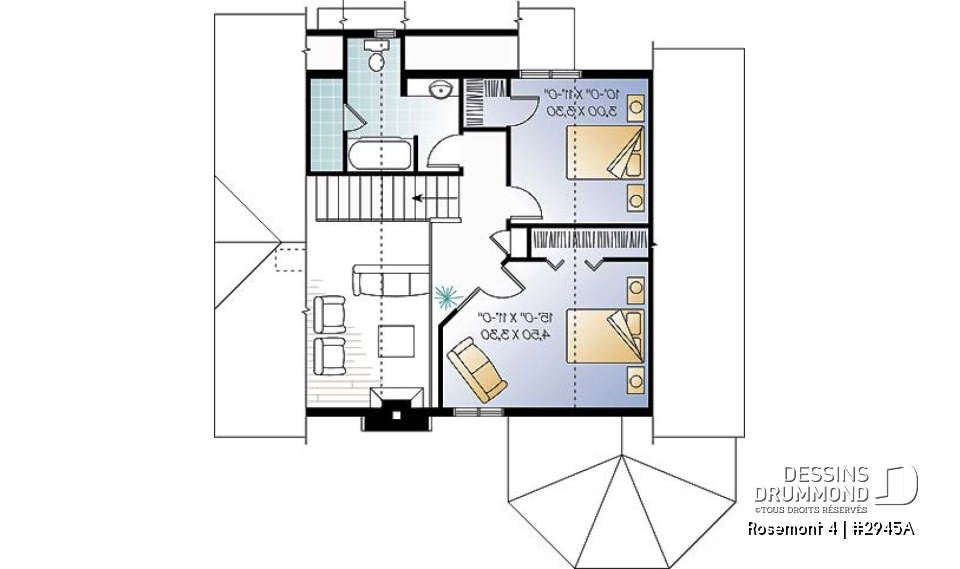 Étage - Plan de maison de campagne, 3 chambres, 2 salles de bain, mezzanine, cathédral, foyer - Rosemont 4