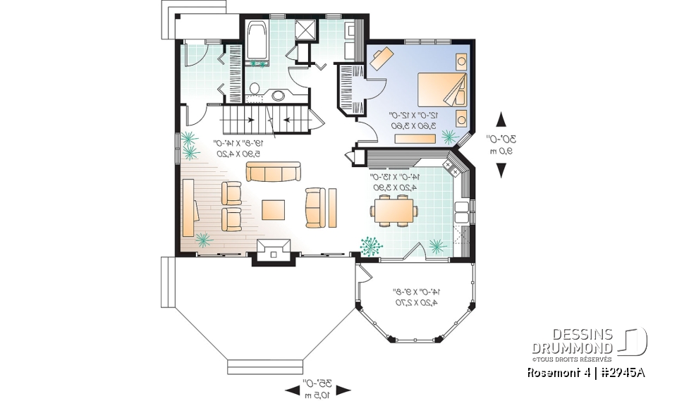 Rez-de-chaussée - Plan de maison de campagne, 3 chambres, 2 salles de bain, mezzanine, cathédral, foyer - Rosemont 4