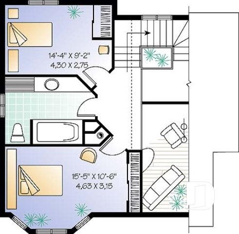 Étage - Plan de chalet d'inspiration scandinave, 2 chambres, salle familiale fermée, portes françaises, mezzanine - Cheminet