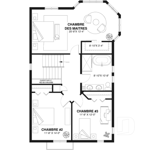 Étage 1 - Plan de cottage de 3 chambres, style Cape Cod, fenestration abondant, grande chambre des parents - Meunier
