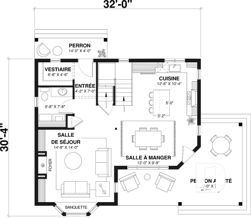 Rez-de-chaussée - Plan de style fermette champêtre, grand vestiaire d'entrée, cuisine avec îlot, galerie couverte, 3 chambres - Perlini