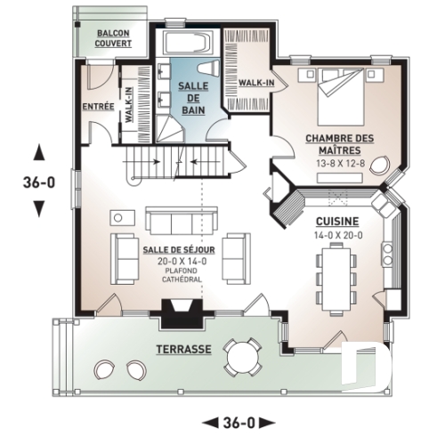 Rez-de-chaussée - Plan de chalet rustique, 3 chambres, foyer, mezzanine, plancher aire ouverte, vestibule avec grande garde-robe - Charlemagne