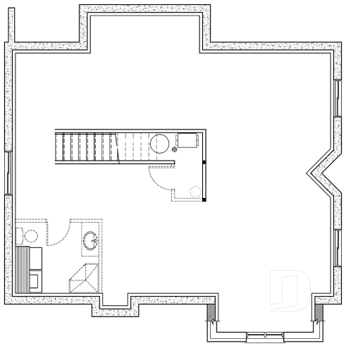 Sous-sol aménageable - Plan de chalet rustique, 3 chambres, foyer, mezzanine, plancher aire ouverte, vestibule avec grande garde-robe - Charlemagne