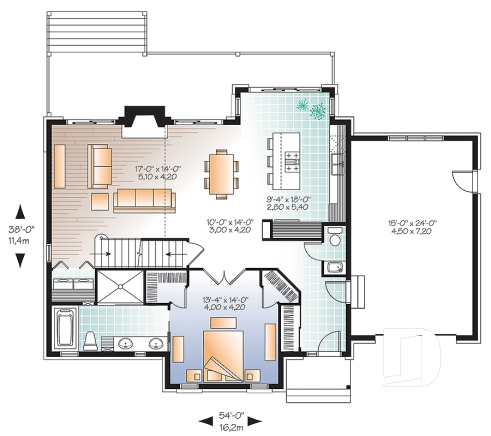 Rez-de-chaussée - Plan de maison chalet 3 à 4 chambres, chambre parents au premier avec salle de bain privée, foyer - Charlemagne 3