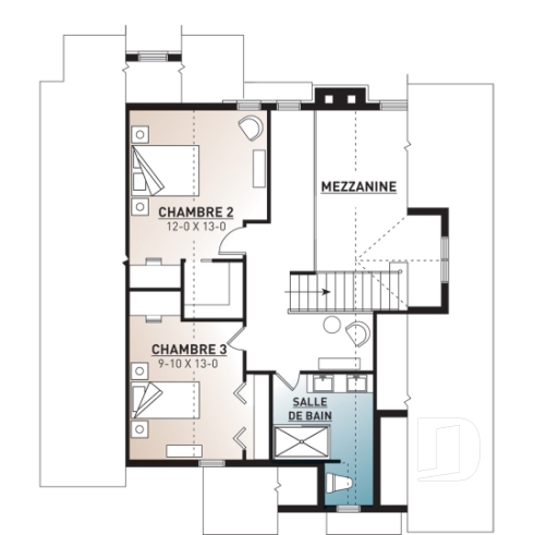 Étage - Plan de maison chalet nordique – 3 chambres, mezzanine et foyer au cœur du salon - Charlemagne 5