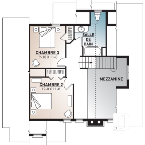 Étage - Plan de chalet rustique, 3 chambres, plafond cathédrale, foyer, grand balcon arrière, mezzanine - Charlemagne 4