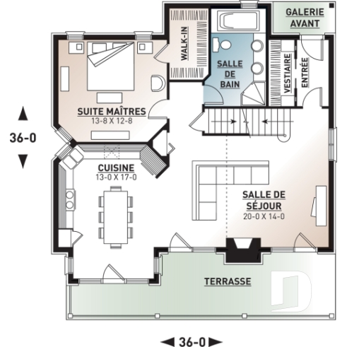 Rez-de-chaussée - Plan de chalet rustique, 3 chambres, plafond cathédrale, foyer, grand balcon arrière, mezzanine - Charlemagne 4