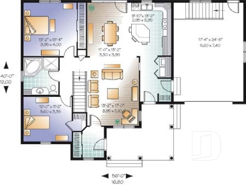 Rez-de-chaussée - Plan de plain-pied 2 chambres avec garage, coin ordinateur, accès s-sol par garage, vestibule fermé - La Vallée 3