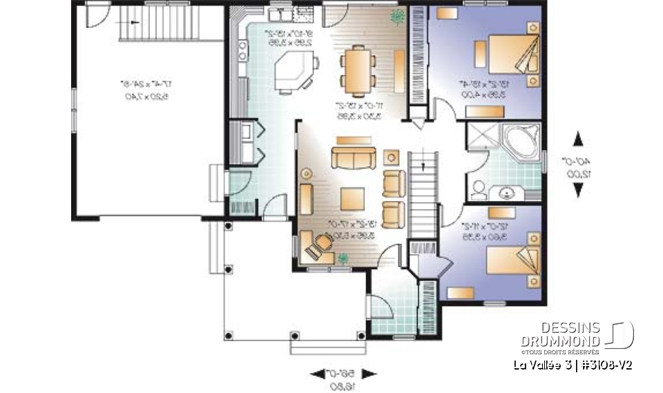 Rez-de-chaussée - Plan de plain-pied 2 chambres avec garage, coin ordinateur, accès s-sol par garage, vestibule fermé - La Vallée 3