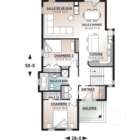 Rez-de-chaussée - Plan de maison plain-pied champêtre, abordable, 2 chambres, foyer, pour terrain étroit, sous-sol non-fini - Hale