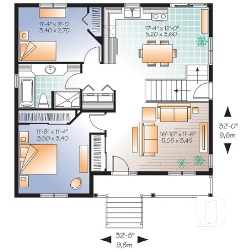 Rez-de-chaussée - Plan de petit plain-pied 2 chambres, fondation sortie de terre, champêtre, sous-sol aménageable - Lozère 2