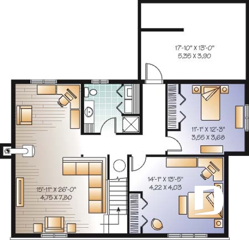 Sous-sol - Plan plain-pied 2 chambres au rez-de-chaussée + 2 au sous-sol, abri moustiquaire, cathédrale au salon - Aubry 2
