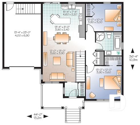 Rez-de-chaussée - Plan de bungalow champêtre avec garage, accès au sous-sol par garage, à aire ouverte, ìlot à la cuisine - Lysées 2