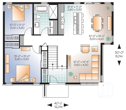 Rez-de-chaussée - Plan de maison plain-pied contemporaine, 2 chambres, grande douche, grand îlot cuisine, beaucoup lumière - Lotus