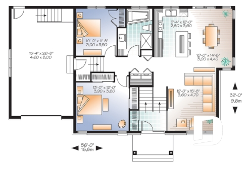 Rez-de-chaussée - Plan de maison contemporaine split level, 2 chambres, garage, laveuse/sécheuse au rez-de-chaussée - Lotus 3