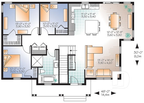 Rez-de-chaussée - Plan de bungalow champêtre 3 chambres, cuisine attrayante, aire ouverte, salle de lavage au premier - Laurier 2