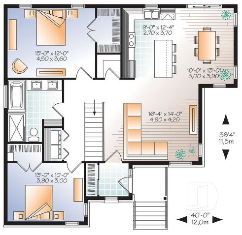 Rez-de-chaussée - Plan de maison contemporaine 2 chambres, buanderie au rez-de-chaussée, grand îlot et vestibule - Mainville 2
