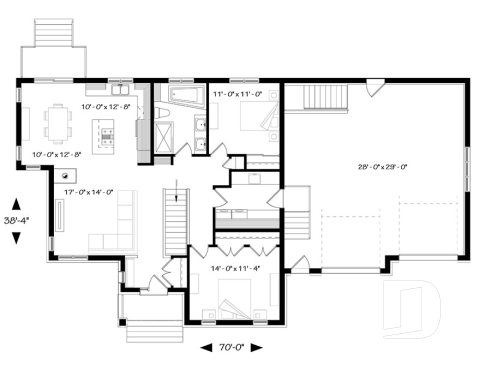 Rez-de-chaussée - Plan de maison de plain-pied 2 chambres, garage double, buanderie au rez-de-chaussée, foyer - Alice 3