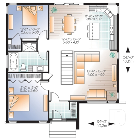 Rez-de-chaussée - Plan de bungalow moderne, 2 chambres, vestiaire à l'entrée, cuisine avec îlot, grande douche - Camelia