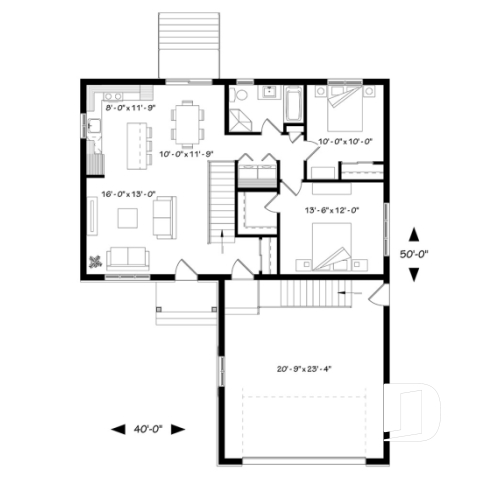 Rez-de-chaussée - Plan de bungalow abordable, walk-in chambre des maîtres, grand îlot à la cuisine, garage double - Miranda 2