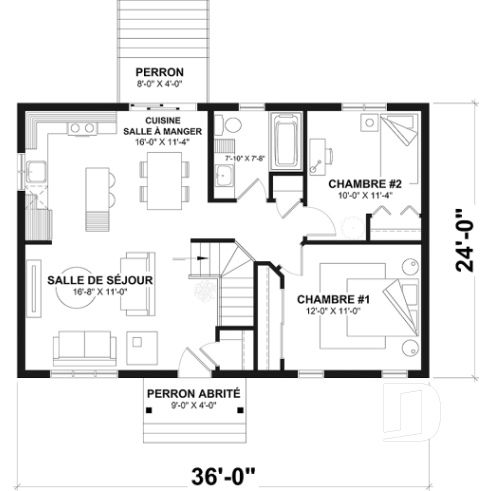 Rez-de-chaussée - Plan plain-pied économique, style champêtre rustique, 2 chambres, espace ouvert, grand îlot cuisine - Miranda