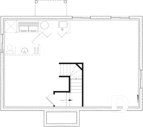 Sous-sol - Plan plain-pied économique, style champêtre rustique, 2 chambres, espace ouvert, grand îlot cuisine - Miranda