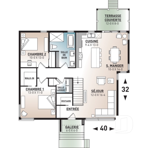 Rez-de-chaussée - Plan de petite maison moderne mid-century, 2 chambres, buanderie au rez-de-ch, vestiaire, belle cuisine - Alpha