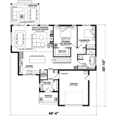 Rez-de-chaussée - Plan de plain-pied classique et lumineux avec foyer, terrasse abritée et 2 à 5 chambres polyvalentes. - Hubert 2