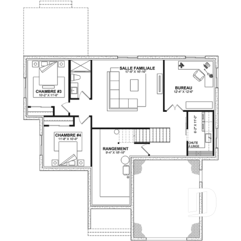 Sous-sol aménagé (Optionel $) - Plan de plain-pied classique et lumineux avec foyer, terrasse abritée et 2 à 5 chambres polyvalentes. - Hubert 2