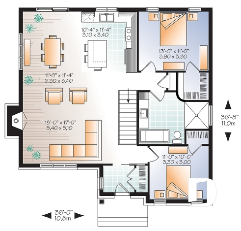 Rez-de-chaussée - Plan de maison moderne, 2 chambres, walk-in chambre des maîtres, foyer, îlot, aire ouverte, vestibule fermé - Bradley