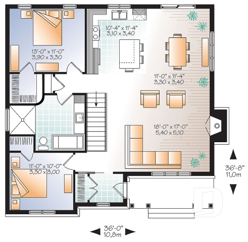 Rez-de-chaussée - Plan de plain-pied 2 chambres, aire ouverte, foyer au séjour et grand îlot à la cuisine - Bradley 2