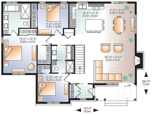 Rez-de-chaussée - Plan de plain-pied 3 chambres au même plancher, cuisine avec grand îlot centrale, foyer, buanderie au 1er - Bradley 3