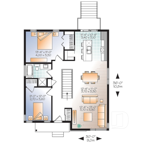 Rez-de-chaussée - Plan de maison moderne, 2 à 4 chambres, 2 salles familiales, garde manger, îlot, sous-sol  aménagé inclus - Le Citadin