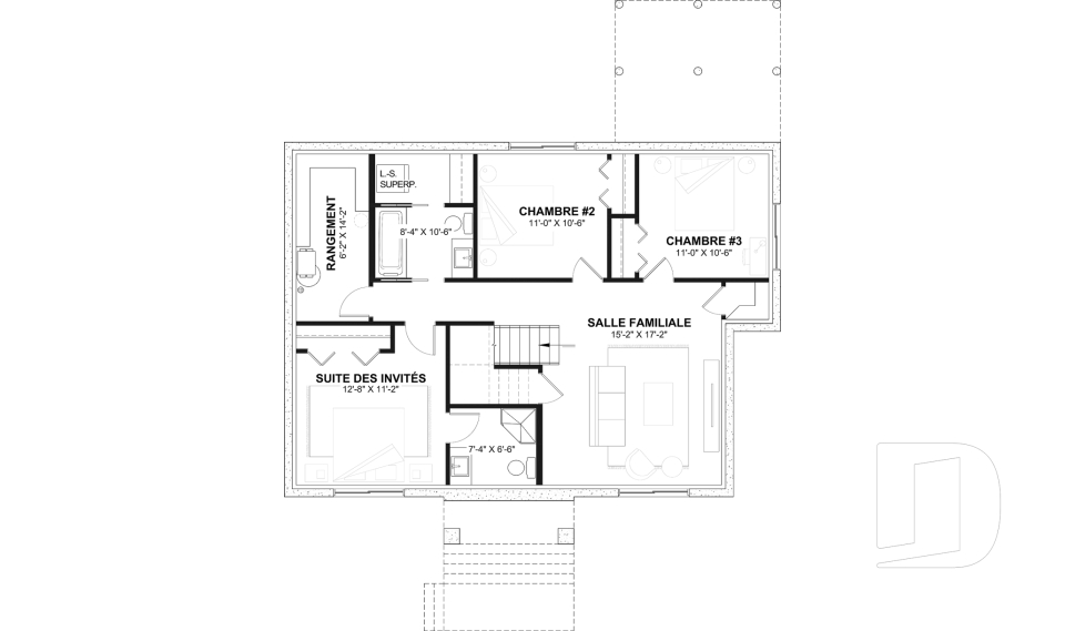 Sous-sol aménagé - Plan de maison plain-pied Farmhouse, chambre parents au rez-de-chaussée, s-sol aménagé optionnel ($) - Ripley 3