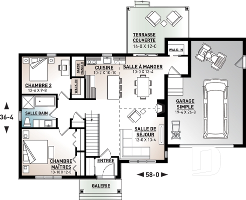 Rez-de-chaussée - Plan de maison plain-pied avec grand garage simple, 2 chambres, aire ouverte, vestibule, foyer et cathédrale - Barrington 2