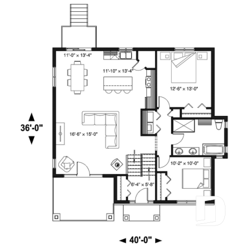 Rez-de-chaussée - Plan maison 2 chambres, style chalet, balcon avant couvert, poêle à bois, îlot et garde-manger - Lakewood