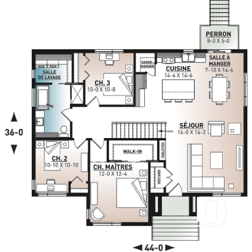 Rez-de-chaussée - Plan de plain-pied 3 chambres, cuisine avec garde-manger, vestiaire d'entrée, salle de lavage au premier - Scandia