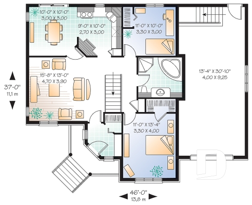 Rez-de-chaussée - Plan de plain-pied 2 chambres, garage, vestibule fermé et accès au sous-sol du garage - Ingleside