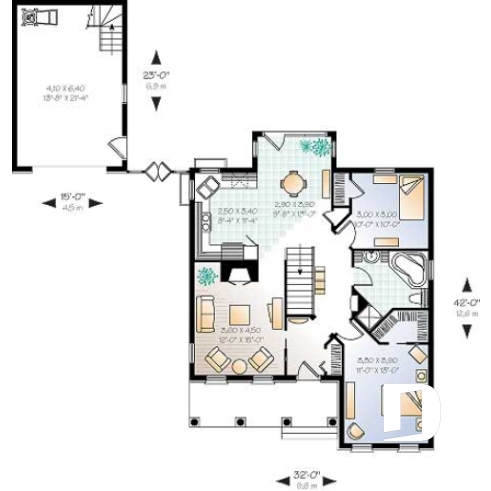 Rez-de-chaussée - Maison plain-pied avec 2 chambres, galerie abritée, salle à manger en solarium, foyer, garage inclus au plan - Mauricie