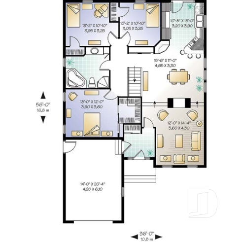 Rez-de-chaussée - Plan de maison plain-pied 3 chambres, garage, walk-in chambre parents, foyer 2 faces, garde-manger - Frangelica 1